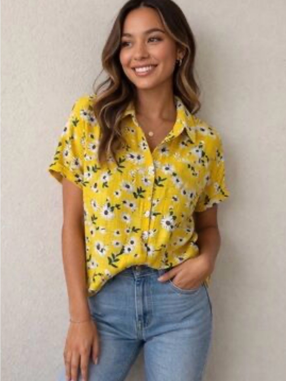 POL Yellow Floral Short-Sleeve Button-Down Top